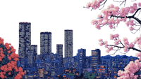 a cityscape with pink blossoms in the background